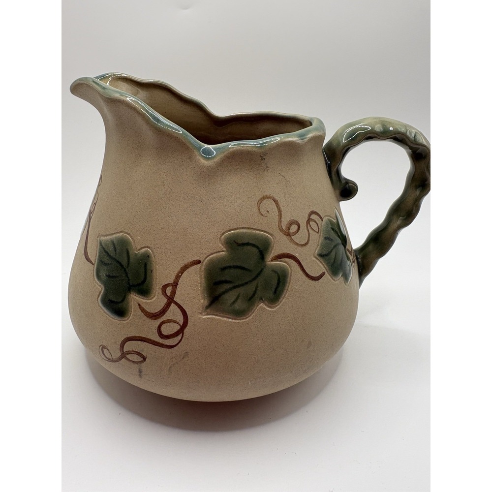 Vintage Art Pottery Pitcher Raised Ivy Leaves Vine Handle Hand Decorated 8"
